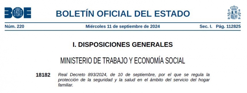 PUBLICADO REAL DECRETO 893/2024, PROTECCIÓN SEGURIDAD Y SALUD DEL SERVICIO DEL HOGAR FAMILIAR