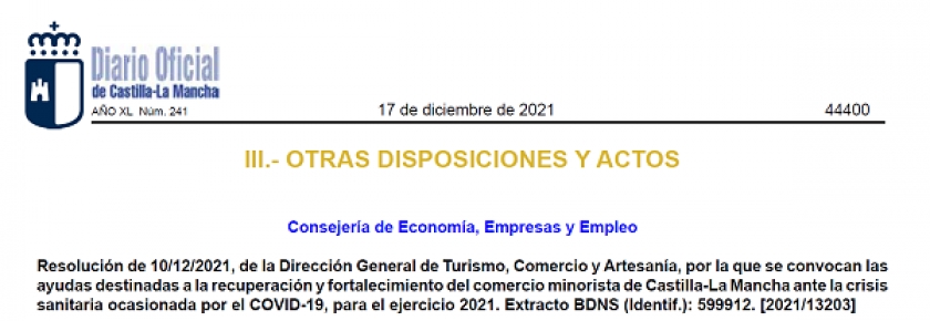 Publicación convocatoria de Ayudas destinadas a la recuperación y fortalecimiento del Comercio Minorista, para el ejercicio 2021.