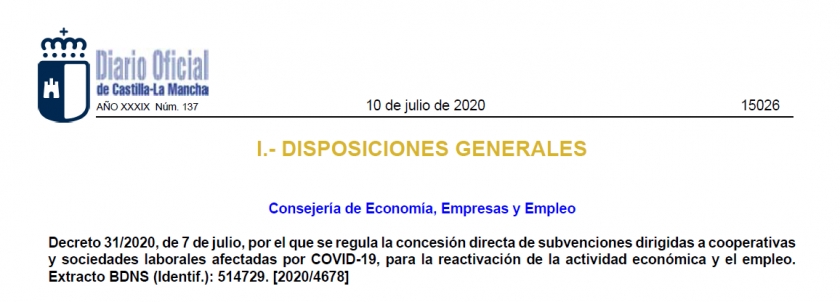 Concesión directa de subvenciones dirigidas a cooperativas y sociedades laborales afectadas por el COVID-19, para la reactivación de la actividad económica y el empleo.