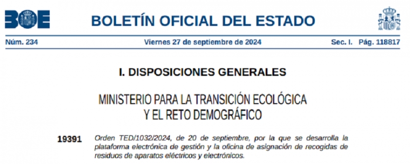 Publicada Orden TED/1032/2024, por la que se desarrolla la plataforma electrónica de gestión y la oficina de asignación de recogidas de residuos de aparatos eléctricos y electrónicos.