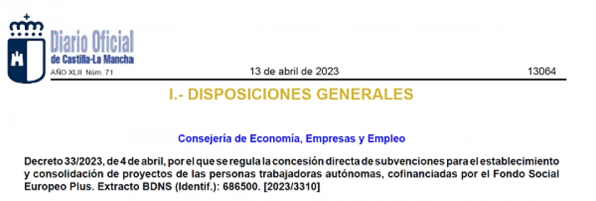 Decreto 33/2023 concesión directa de subvenciones para el establecimiento y consolidación de proyectos de las personas trabajadoras autónomas.