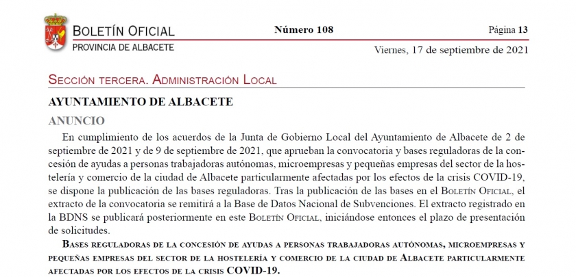 Publicación Bases Reguladoras y Convocatoria  - Concesión ayudas hostelería, comercio minorista y otros sectores de la ciudad de Albacete. BOP 17/09/2021 - BOP 22/09/2021