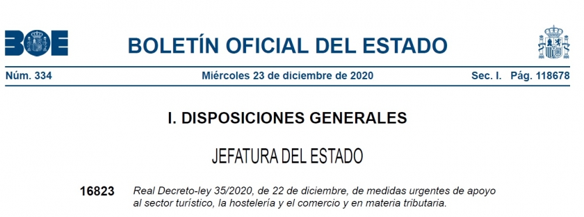 Publicación Real Decreto Ley 35/2020, de medidas urgentes de apoyo al sector turístico, la hostelería y el comercio y en materia tributaria.