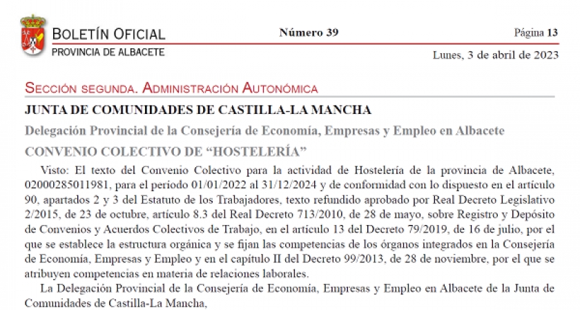 PUBLICADO EL CONVENIO COLECTIVO DE HOSTELERÍA PARA LA PROVINCIA DE ALBACETE 2022-2024.