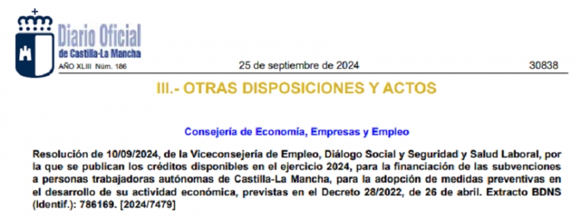 Publicada Resolución de 10/09/2024, por la que se publican los créditos disponibles para el ejercicio 2024, concesión directa de subvenciones a personas trabajadoras autónomas de Castilla-La Mancha