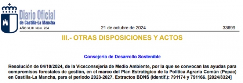 Publicada Resolución de 04/10/20024, por la que se convocan las ayudas para compromisos forestales de gestión, en el marco del Plan Estratégico de la Política Agraria Común (Pepac) en Castilla-La Mancha, para el periodo 2023-2027.