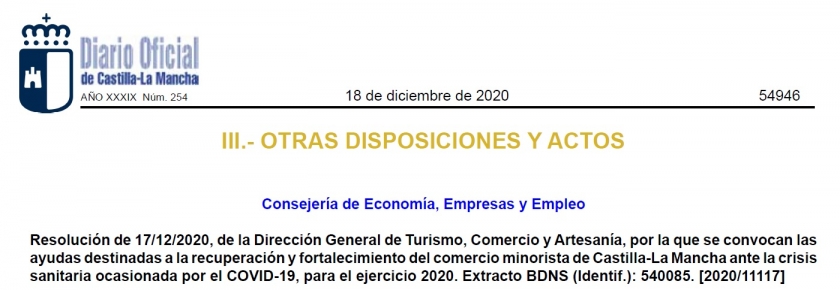 Publicación Resolución 17/12/2020, de la Dirección General de Turismo, Comercio y Artesanía, por la que se convocan las ayudas destinadas a la recuperación y fortalecimiento del comercio minorista.