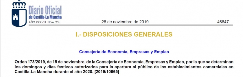 Domingos y festivos autorizados para la apertura al público de los establecimientos comerciales en Castilla-La Mancha para el próximo año 2020.