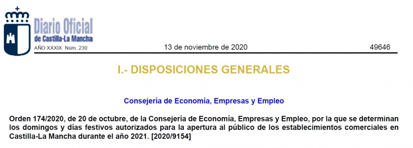 Domingos y festivos autorizados aperturables en Castilla-La Mancha para el próximo año 2021.