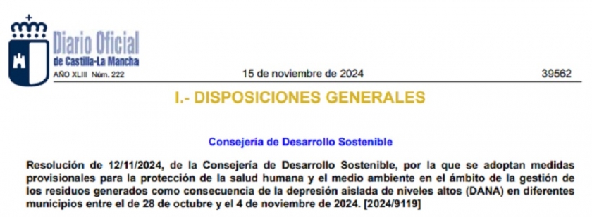 Resolución 12/11/2024, medidas provisionales en el ámbito de la gestión de residuos generados como consecuencia de la DANA