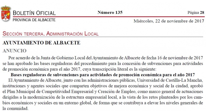 Bases subvención para actividades de promoción económica. Participación Ferias de Carácter Internacional. Ayuntamiento de Albacete 2017