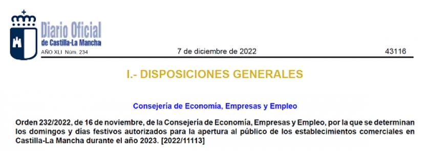 Domingos y festivos autorizados aperturables en Castilla-La Mancha para el próximo año 2023